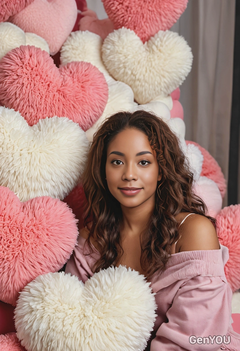 posing among giant fluffy plush hearts, indoor lighting, professional high-quality photo, half-body shot, identity save, eyes straight, flirty gaze, straight hair, straight gaze