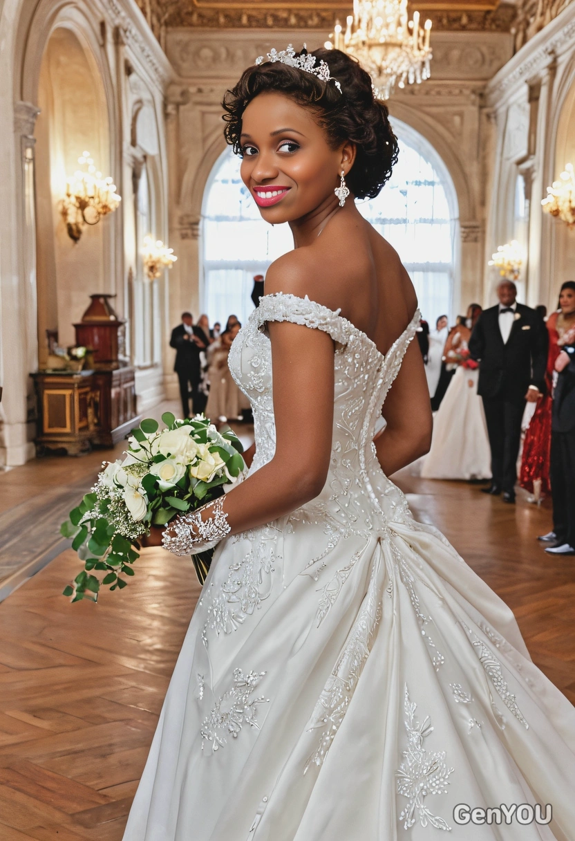as the bride in a glamorous off-the-shoulder gown with a dramatic train, walking through a grand historic venue, close up photo
