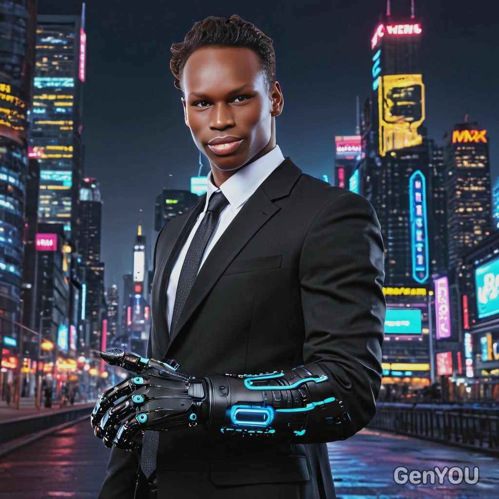 as a cyberpunk businessman, cybernetic arm under business suit, cyberware, neon city lights on the background, half body view 