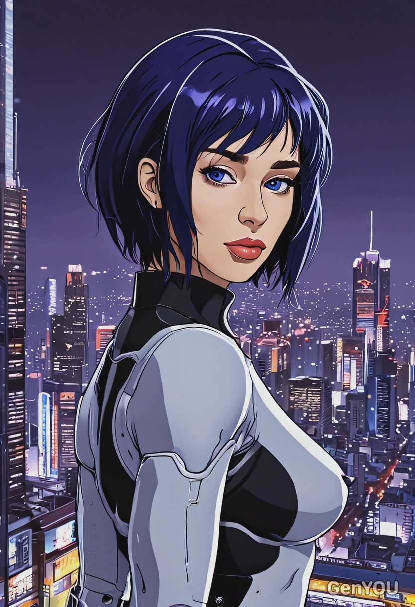 2D anime style, bold outlines, Ghost in the Shell, Motoko Kusanagi, deep blue hair, oversized anime eyes, futuristic cityscape, waist-up frame