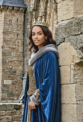 as a medieval queen, standing on the battlements of a stone castle, wearing a heavy velvet cloak with a crown, watching over the kingdom