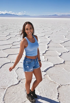 as a tourist watching around Salar de Uyuni salt flats,pretty smile, full body view 
