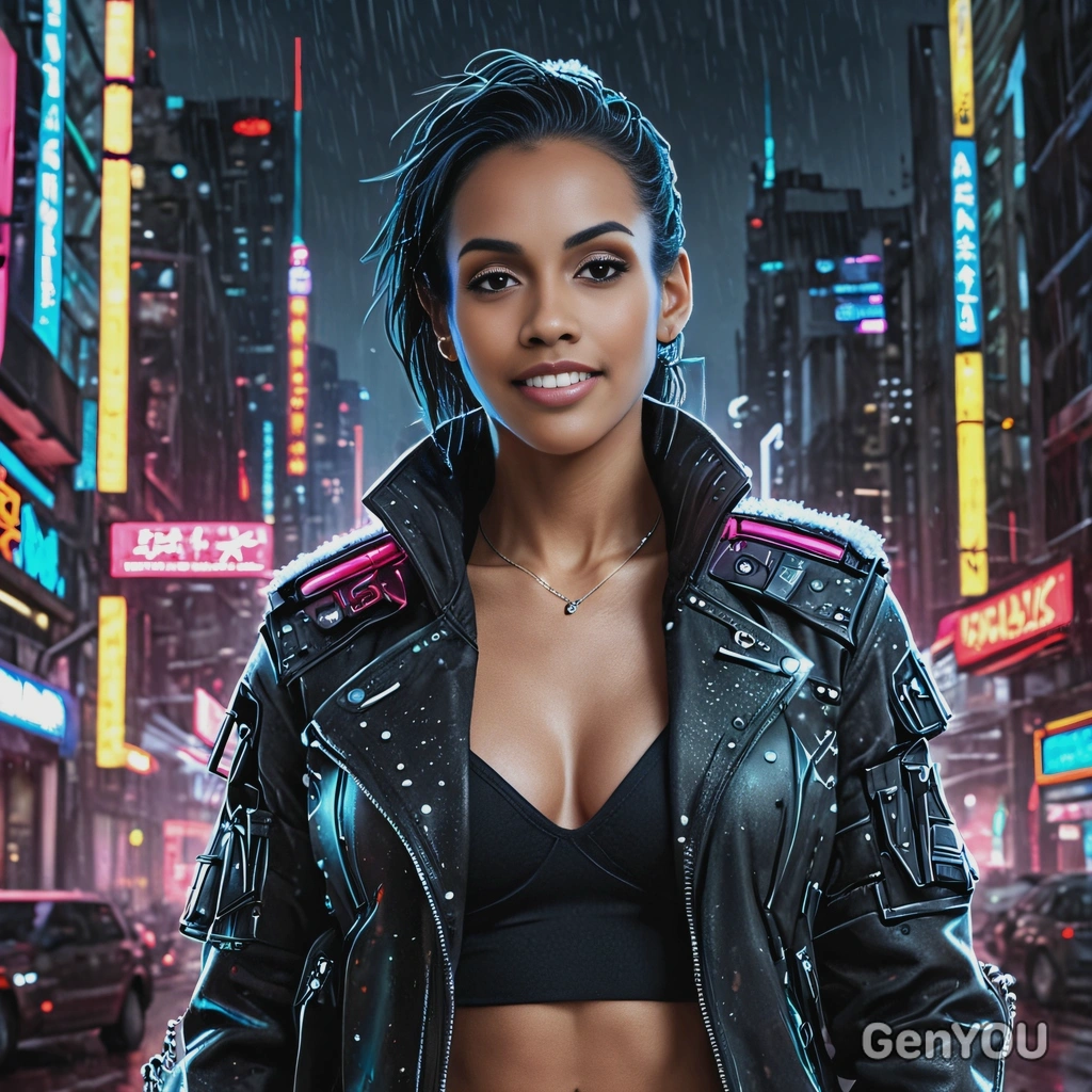 as a cyberpunk vigilante, spiked jacket, with a glowing terminal, blurred futuristic city on background, neon lights, snowing, vivid colors, symmetrical clothing details, video game style, high-quality stylized art