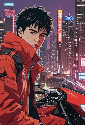 2D anime style, classic Akira aesthetics, bold ink outlines, In Akira anime as Kaneda, intense gaze, oversized anime eyes, slightly ruffled dark hair, red jacket billowing in the wind, standing in front of his sleek red motorcycle, futuristic city skyline glowing behind, close-up frame