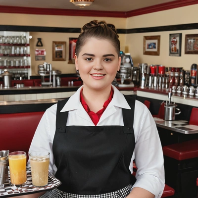 as a waitress, wearing a classic black and white uniform with an apron and a friendly smile, holding a tray with drinks, standing in a cozy, vintage-style diner with checkered floors and red leather booths, half body view