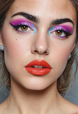 bold, vibrant makeup styles of the 1980s, including bright eyeshadows and statement lips
