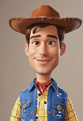 3D Pixar cartoon style, Woody from Toy Story, wearing cowboy shirt and hat, oversized cartoon big sparkling eyes, waist-up pose, child’s bedroom background