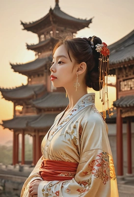 Tang Dynasty China, Imperial concubine in hanfu, silk robes, romantic posing, dreamy look, profile view, blurry temple background, sunset