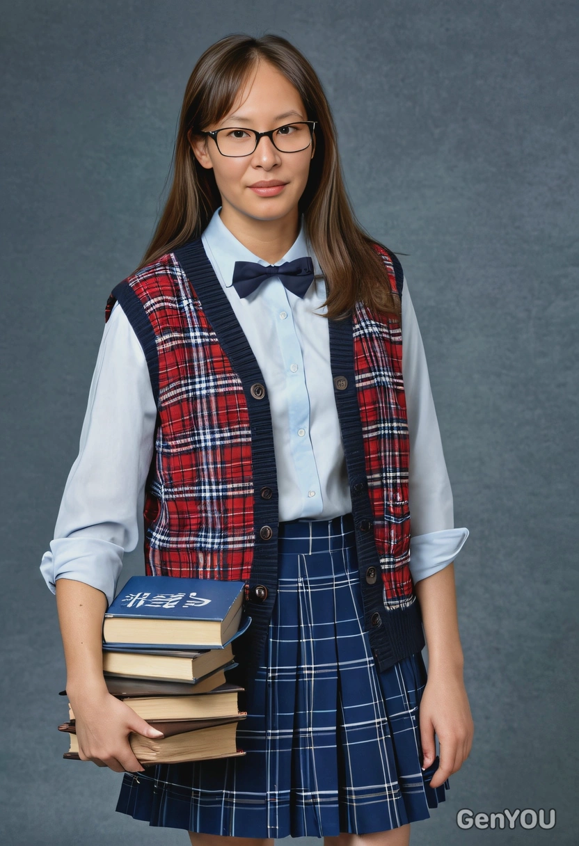as a 90s valedictorian with big glasses and a stack of books, wearing a plaid skirt and a sweater vest, standing against a simple blue yearbook backdrop 