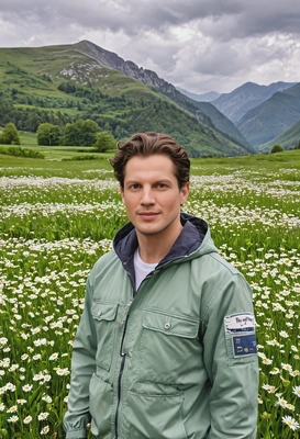 in a casual spring jacket, standing in a field of daisies, with mountains and green hills stretching out into the horizon