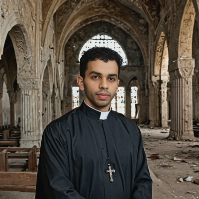 a priest, in an abandoned dark church