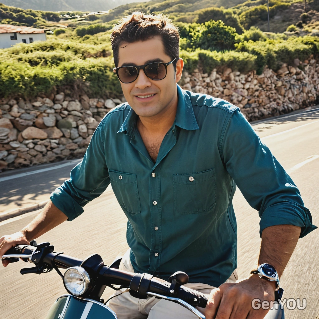 riding a vintage scooter along a coastal road, wearing sunglasses and a breezy shirt, with the sun shining overhead