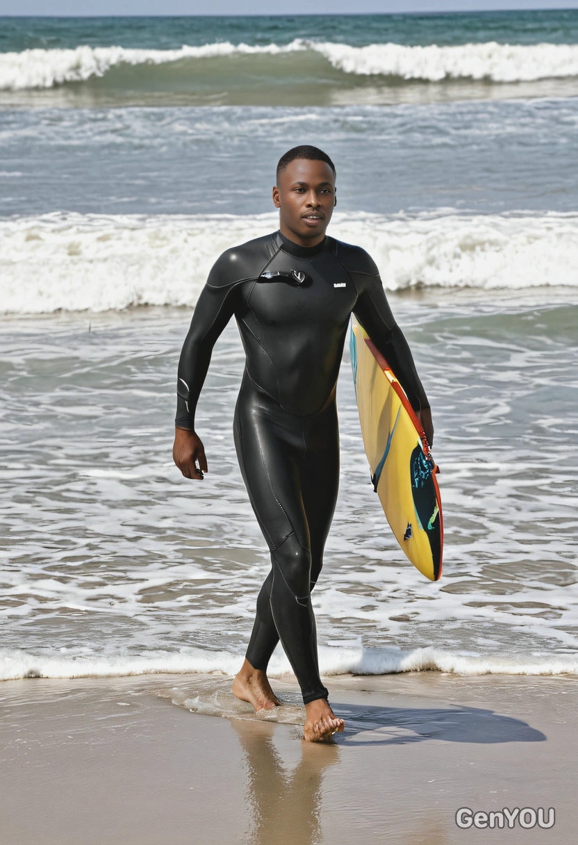 in a wetsuit, walking along the beach with a surfboard under his arm