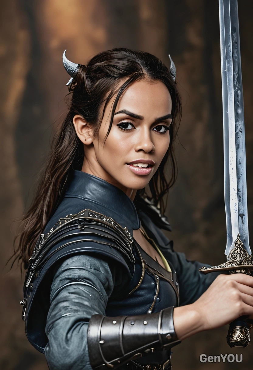 blurry background, professional photoshoot, dramatic fightic scene on swords with a demon