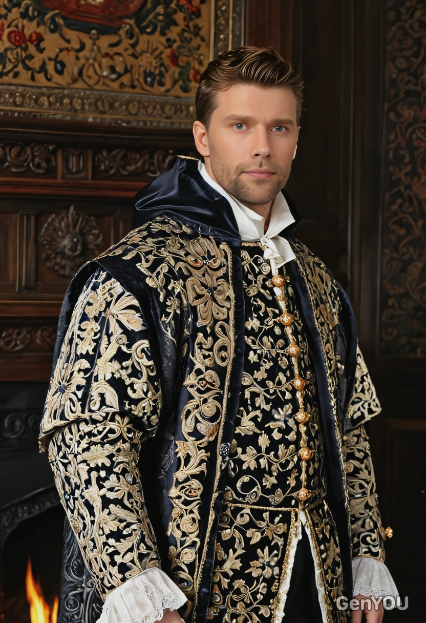 dressed as a Tudor nobleman, wearing a richly embroidered doublet and cloak, standing beside a grand fireplace in a darkly lit room with wooden paneling