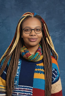 student in a colourful patchwork sweater and oversized glasses, with long brown dreadlocks, in a mid-length portrait against a classic blue yearbook background