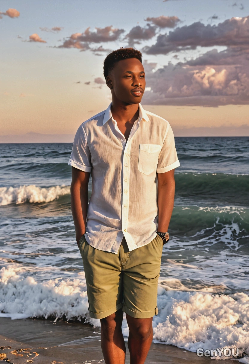 wearing a casual linen shirt and shorts, with a picturesque sunset and waves crashing in the background