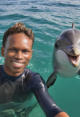 selfie, smiling, swimming with a dolphin in the ocean