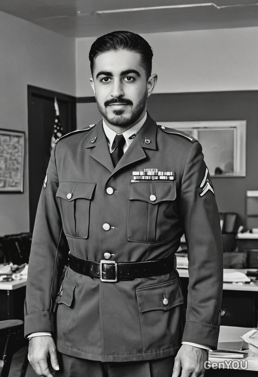 in an army uniform, standing in a vintage office, captured in black and white