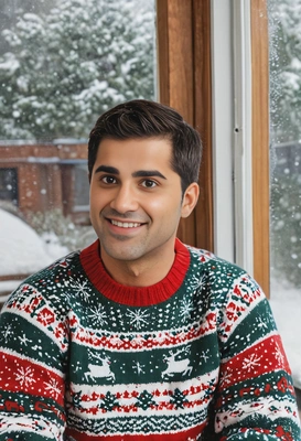 in a cozy festive sweater, gazing out a snow-covered window, looking at viewer 