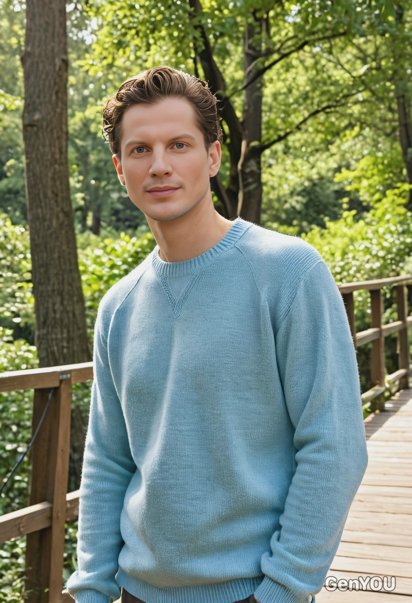 in a light blue sweater, standing on a wooden bridge in a park with trees covered in fresh green leaves and soft sunlight streaming through