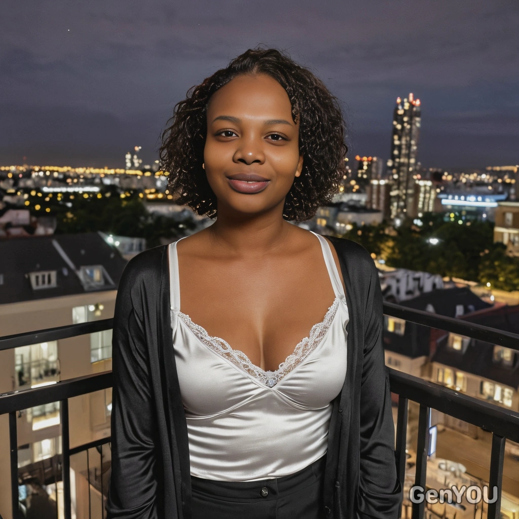 mid-shot, in a satin camisole and a lightweight cardigan, on a cozy balcony with city lights