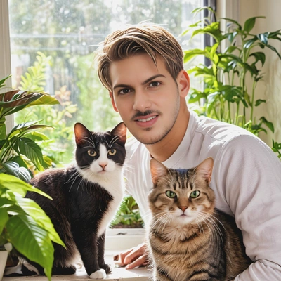 with his cute cat, basking in the sunlight by a window, the room filled with plants, soft focus, blurred background