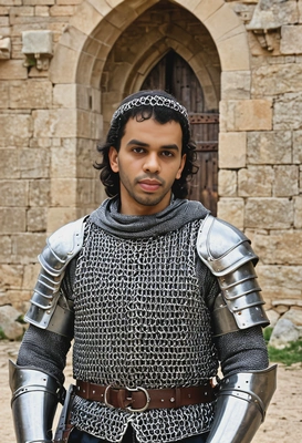 as a medieval knight in chainmail armor, standing at the gates of a stone castle with a battle-worn expression