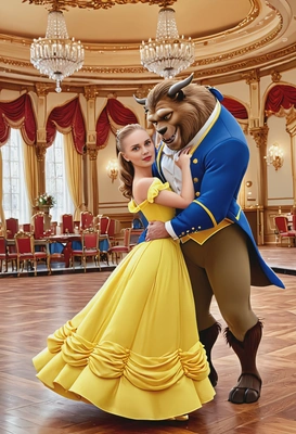 as Belle dancing with the beast in a ball room, cartoon style