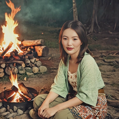  in 1960s bohemian style, sitting by a campfire, with a vintage faded color effect