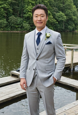 As a groom in a tailored light grey suit, standing on a dock at a lakeside wedding 