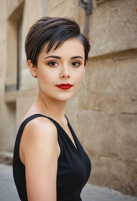 short pixie cut with side-swept bangs, inspired by Audrey Hepburn in Roman Holiday, soft focus, blurred background