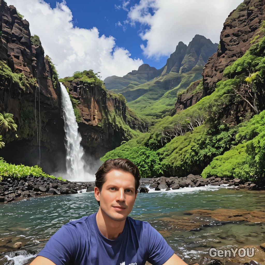 As a tourist, relaxing across the towering waterfalls and isolated crescent beaches at Na Pali Coast in Hawaii, half body view 