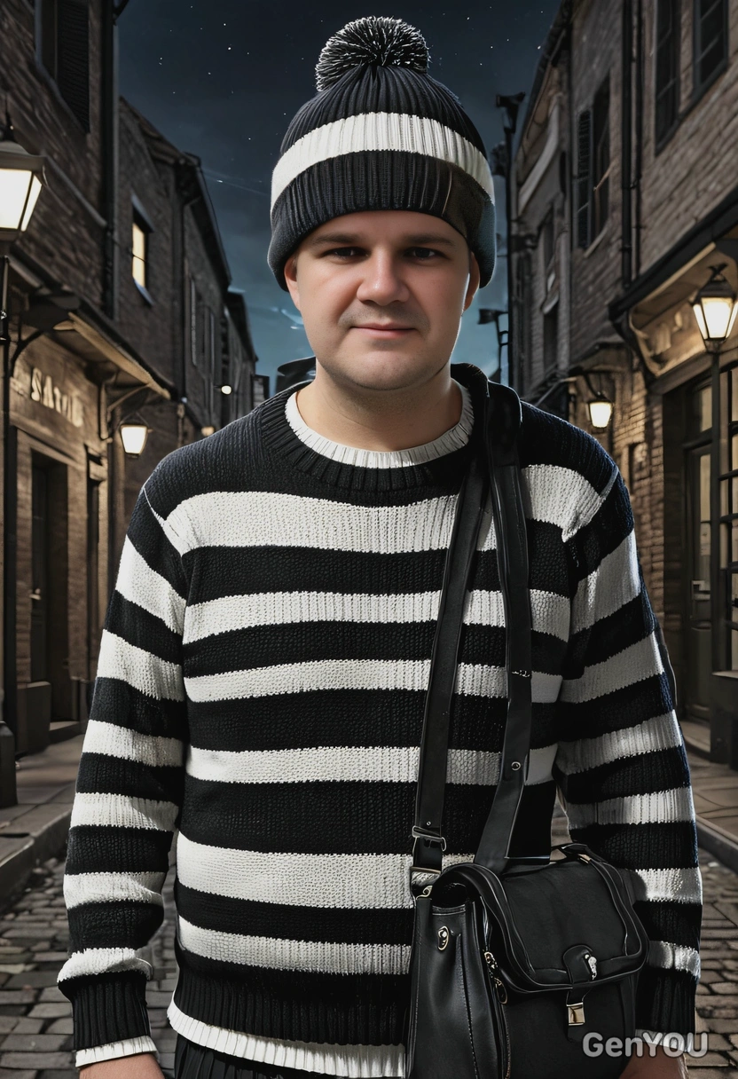as a thief, black-white striped sweater, black woven hat, black bag, dark street, night, dimmed colors, looking directly into the camera, symmetrical clothing details, cartoon style, high-quality stylized art