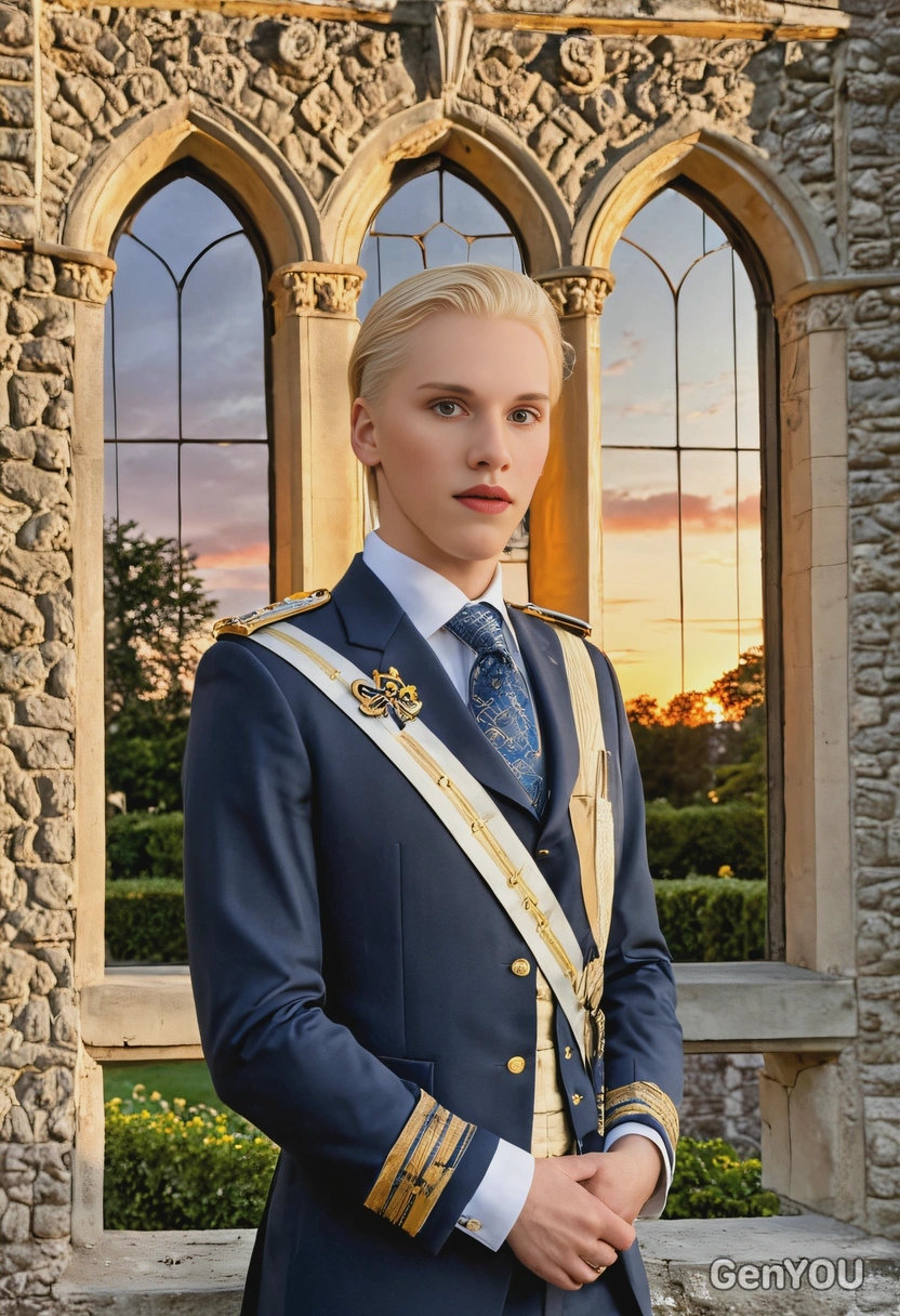 a prince in a finely tailored suit, wearing a sash of honor, standing by a large castle window with the sun setting over the royal gardens