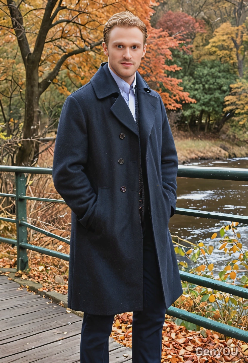 as a man in a wool coat, standing on a bridge overlooking a river at dusk, with autumn leaves falling around him