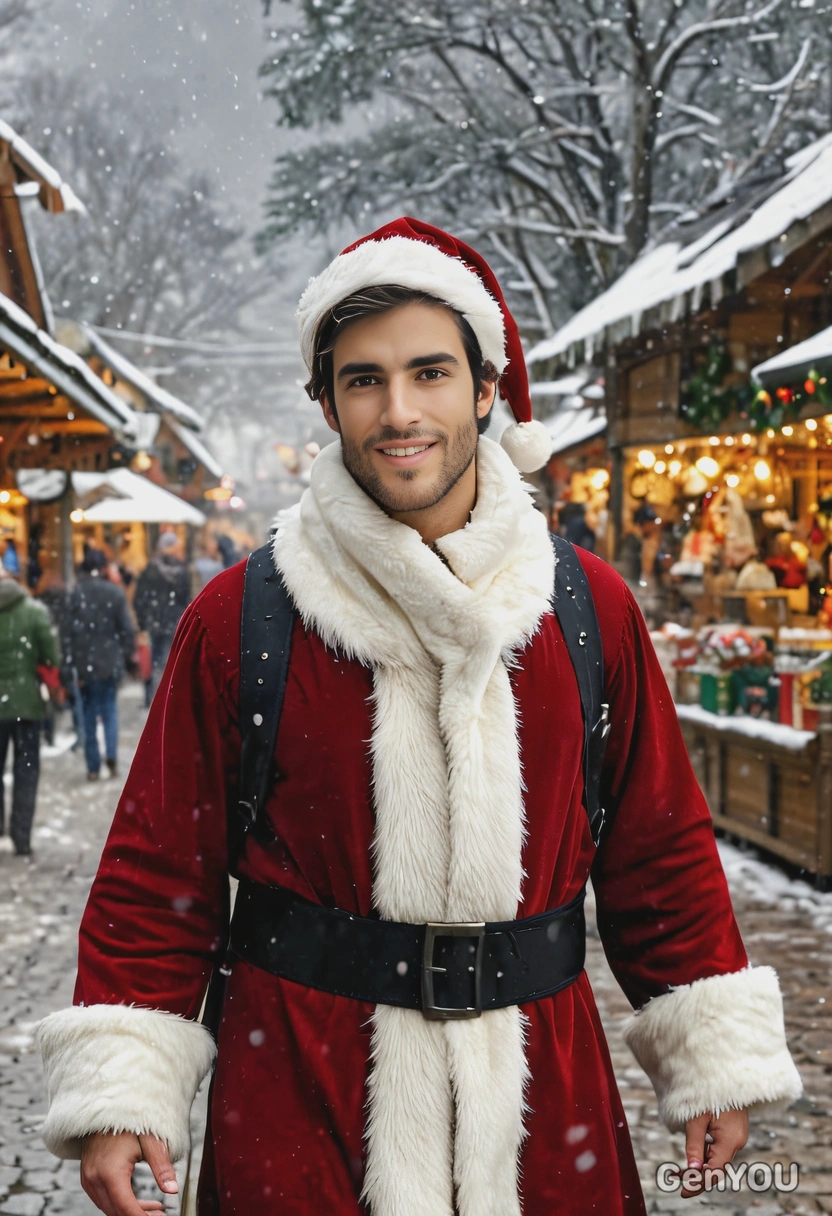 walking in Santa's costume in a Christmas market, blurry snowstorm background, outdoor lighting with sun glares on the skin, windy dynamic image, slightly flirty smile, straight gaze, high-quality image, hyperrealistic skin texture, full body image
