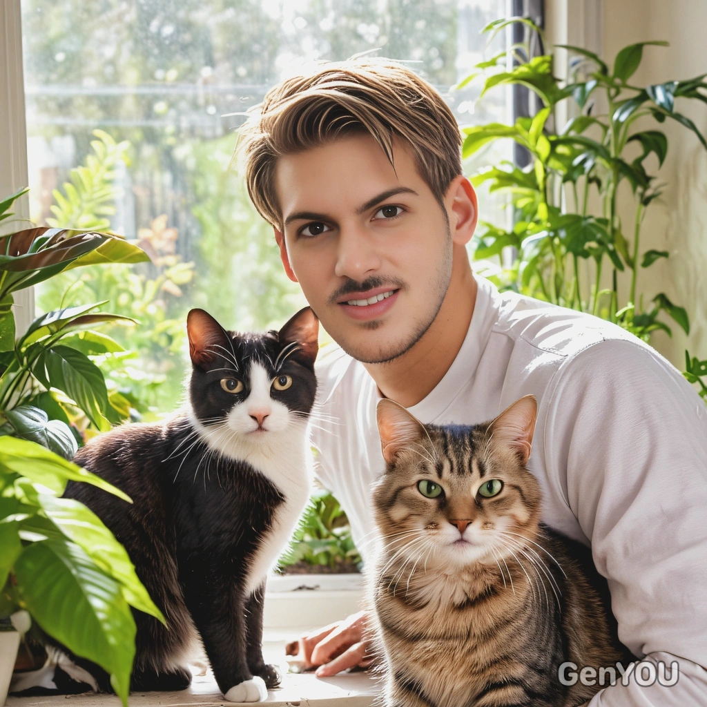 with his cute cat, basking in the sunlight by a window, the room filled with plants, soft focus, blurred background