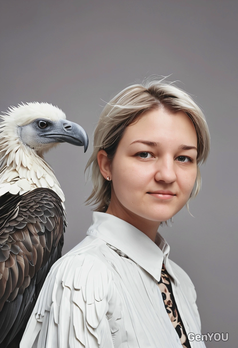 at photoshoot for fashion magazine with a real vulture bird, on blurred background, symmetrical details