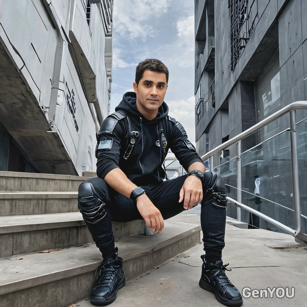 sitting on the steps of a futuristic building, in cyberpunk clothes