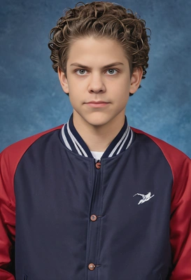 student with curly hair, in a solid red varsity jacket, posing with a neutral expression, blue yearbook background 