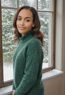 in a soft forest green sweater, by a window with a snowy scene outside, looking at viewer, soft focus background 