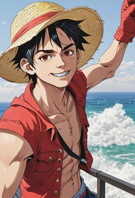 2D anime style, cel-shaded adventure, bold ink outlines, In One Piece anime as Monkey D. Luffy, confident grin, oversized anime eyes, messy black hair, wearing his red vest and straw hat, standing on the deck of the Thousand Sunny, waist-up frame