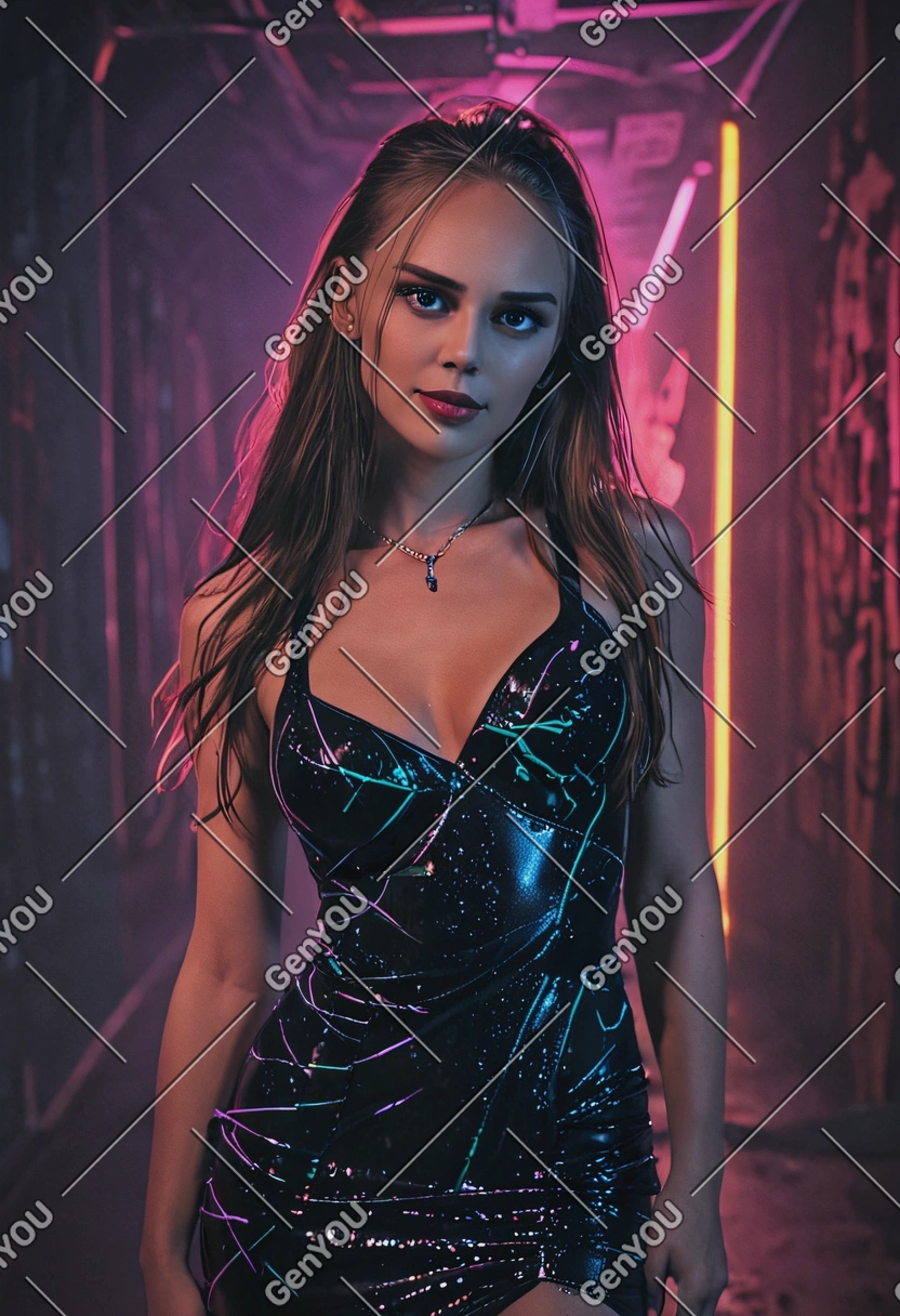seductive sexy pose with a flirty look, wearing a stunning fitted dress, long hair, in an underground neon rave club, warm glow, high-quality photo, eyes on you, vaporware core aesthetics, AI style, sharp face texture