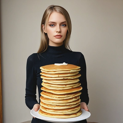 standing beside a tall stack of pancakes