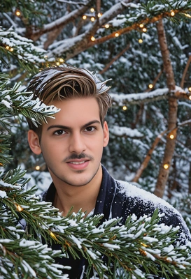 by fairy lights wrapped around a snowy pine