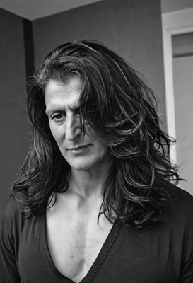 with luxurious voluminous long dark hair in natural state in a black and white picture looking in front of me, photo shoot to please instagram