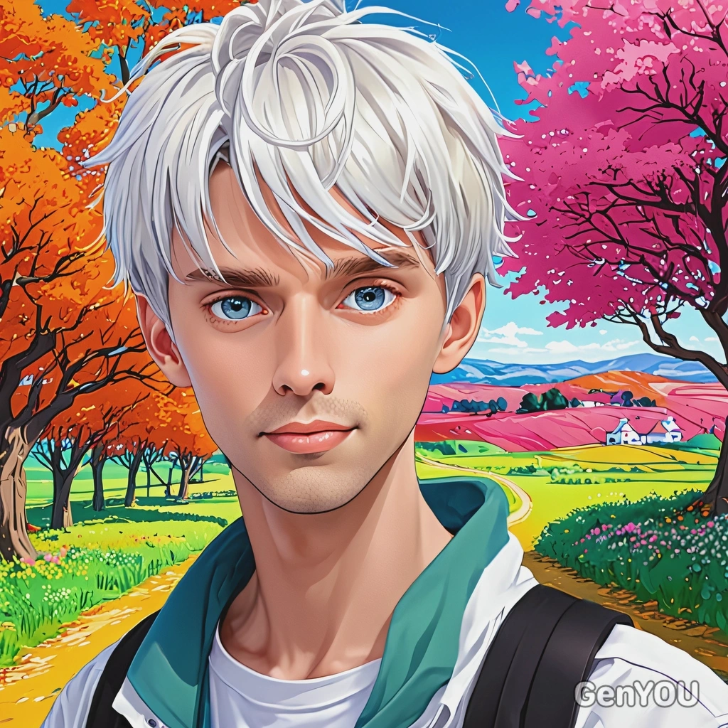in a colorful countryside, anime style, big eyes, manga drawing