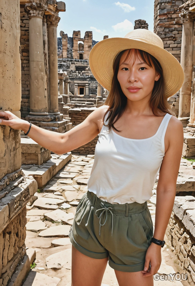 as a tourist exploring ancient ruins, wearing a sun hat and khaki shorts, mid shot photo