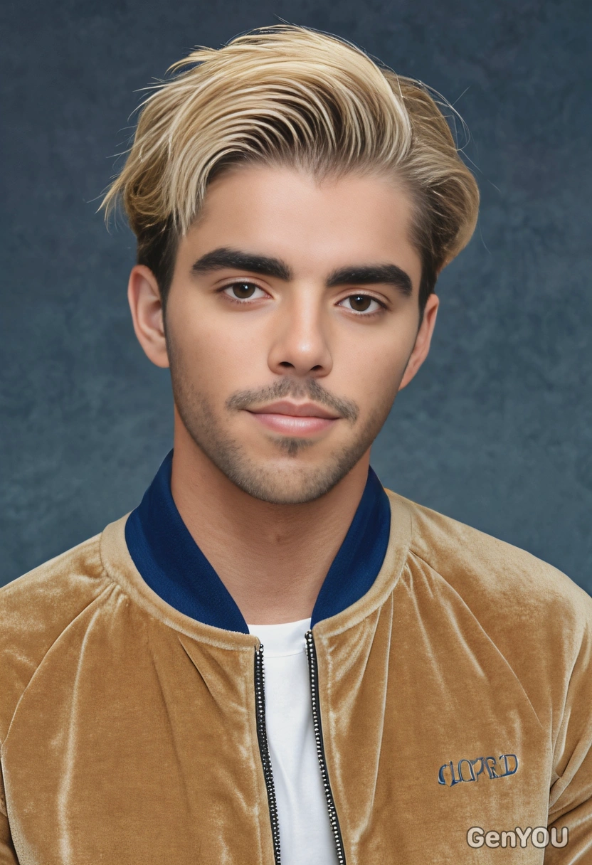 blonde student in a velour track jacket, plain white tee, his hair gelled into a modern style, in a mid-length portrait against a classic blue yearbook background 